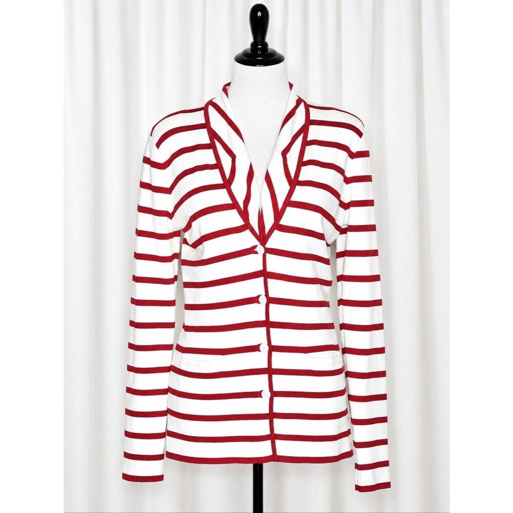 Doncaster Vintage Red Striped Rolled Lapel Button Front Cardigan Knit Sweater
